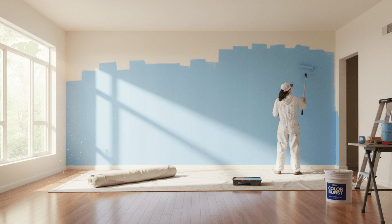 Painter applying paint to a living room wall